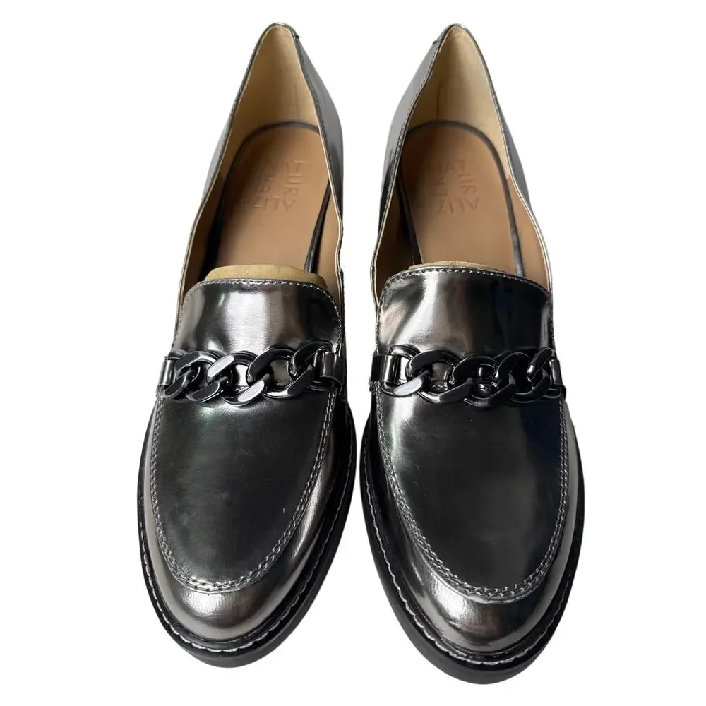 Naturalizer Loafer Callie-Moc Pumps Womens 9M Pewter Metallic Block Heel Chain